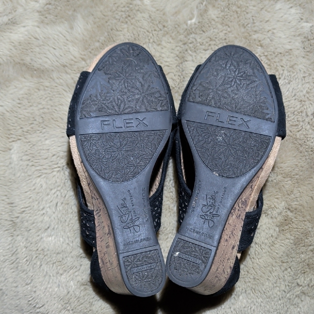 Life Stride Black Laser-Cut Cork Wedge Sandals - Picture 5 of 8